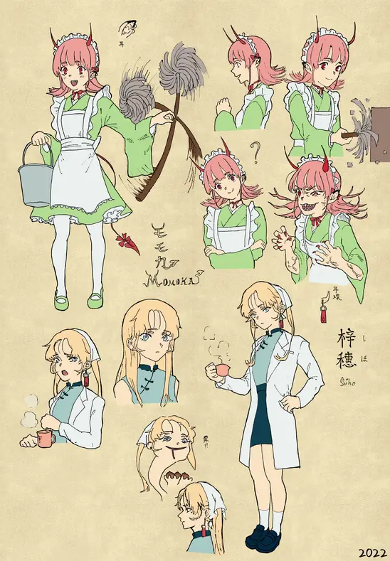 Reference sheet for Momoka and Shiho's design.