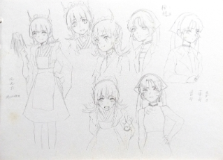 Sketches of Momoka and Shiho on a sketchbook.