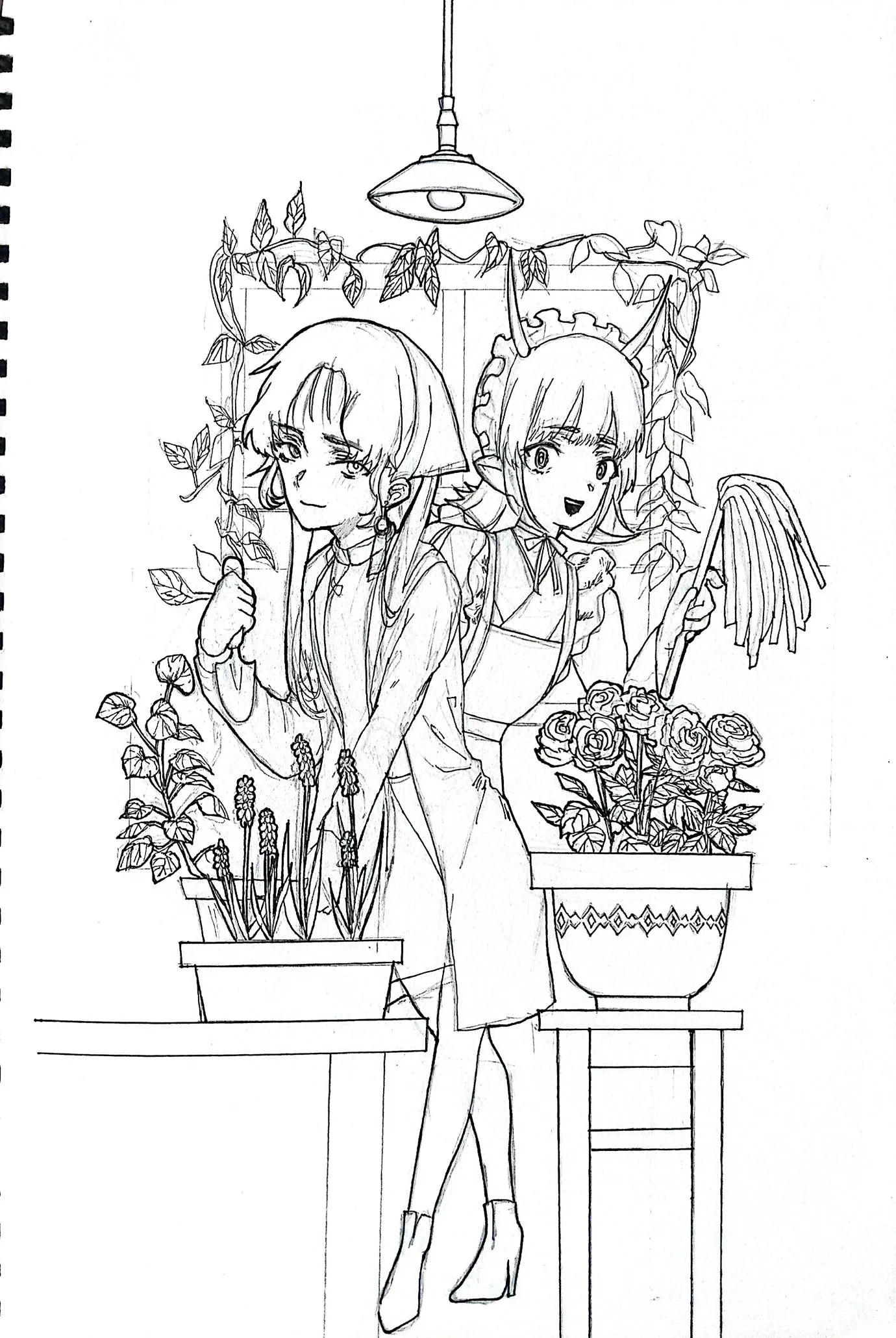 Partial sketch of Momoka and Shiho in a greenhouse.