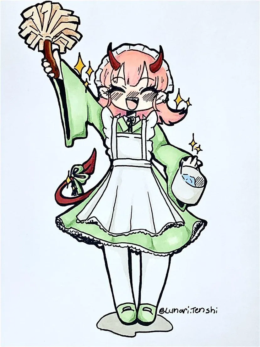 Illustration of Momoka with a pail in one hand, broom in the other and smiling brightly.