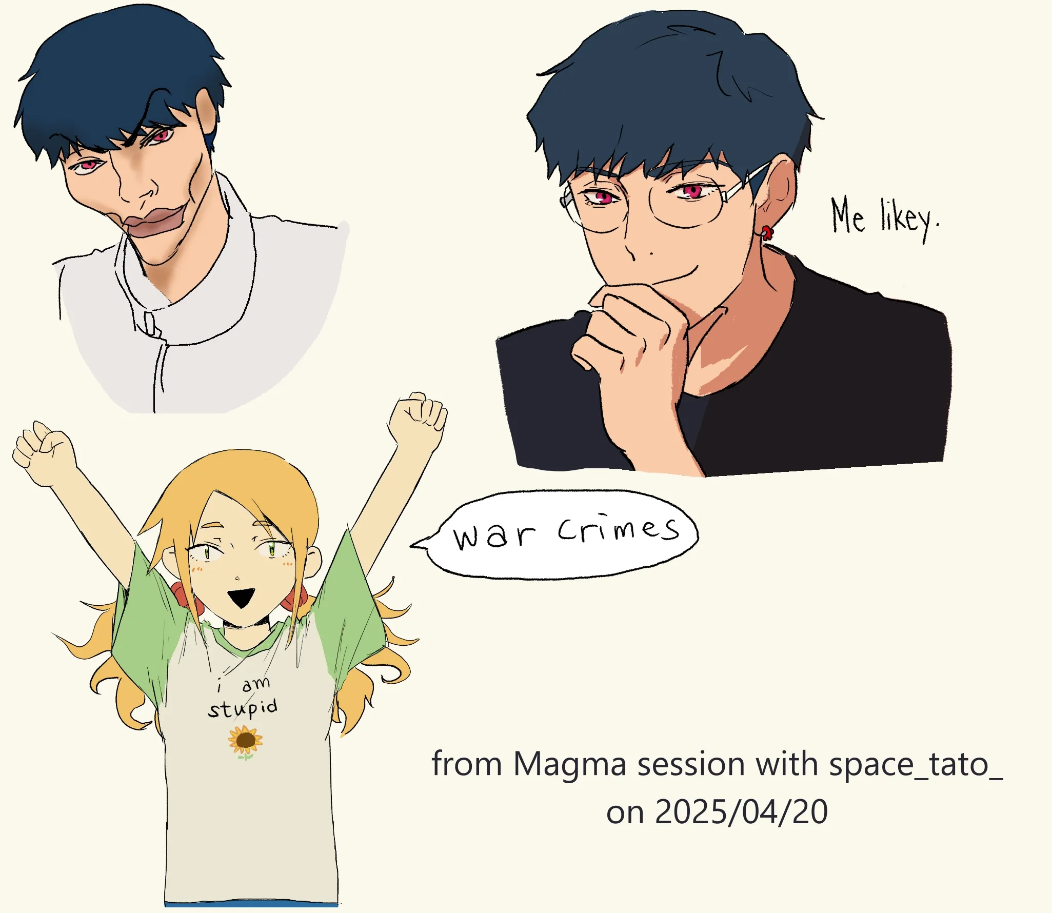 Three separate illustrations of a man, and a girl saying 