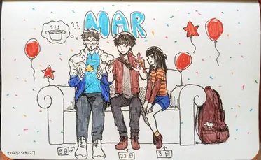 Sketchbook illustration of some people sitting on a sofa.