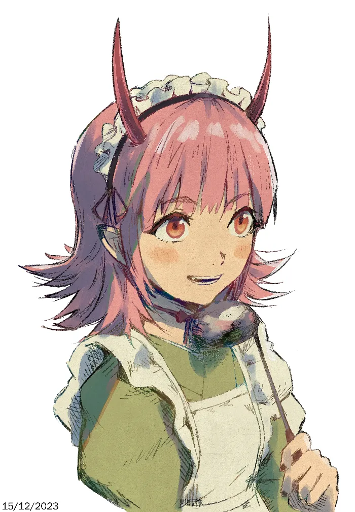 Bust illustration of Momoka holding a ladle up to her chin.