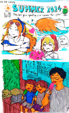 Illustrations of a few people swimming and eating ice cream.