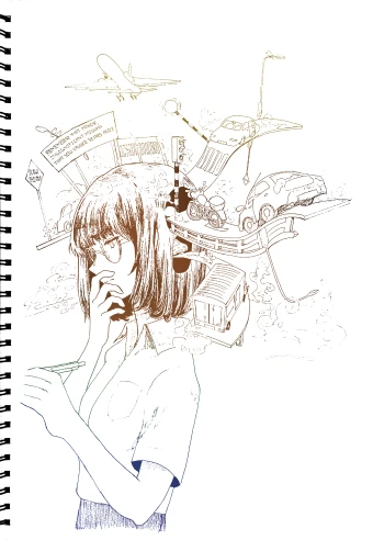 Illustration of a girl with a pen in her hand and busy traffic going in and out of her head.