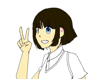 A short-haired, brunette girl throws a peace sign at the camera.