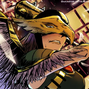 Illustration of a close-up on a Thanagarian woman in flight, ready to swing her spiked mace at the camera. There is broken glass falling around her.