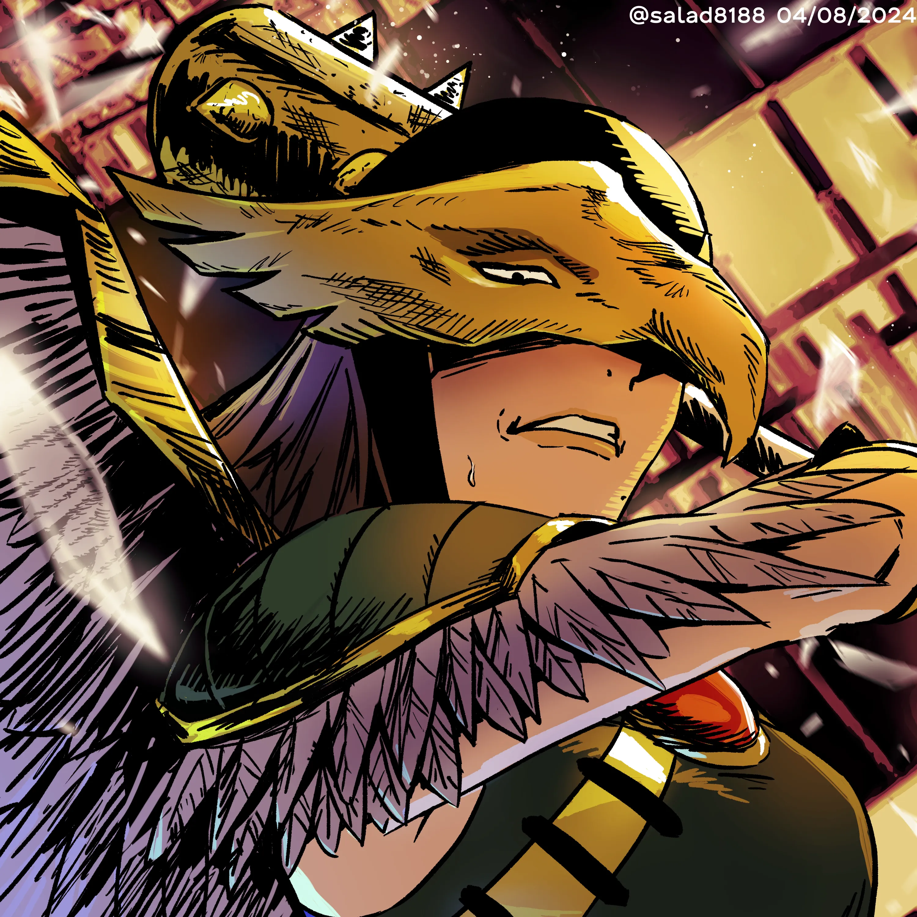 Illustration of a close-up on a Thanagarian woman in flight, ready to swing her spiked mace at the camera. There is broken glass falling around her.