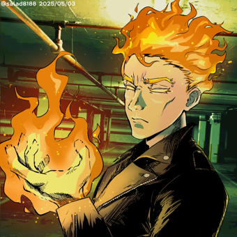 Illustration of a man with fire for hair and on his hands.