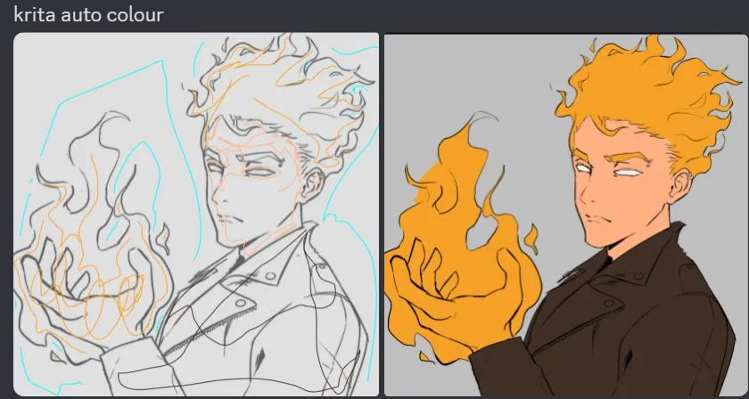 A before-and-after screenshot of running Krita auto colour.