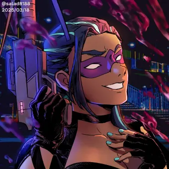 Illustration of a lady with a blue ponytail holding a gun and smiling, liquid flying.