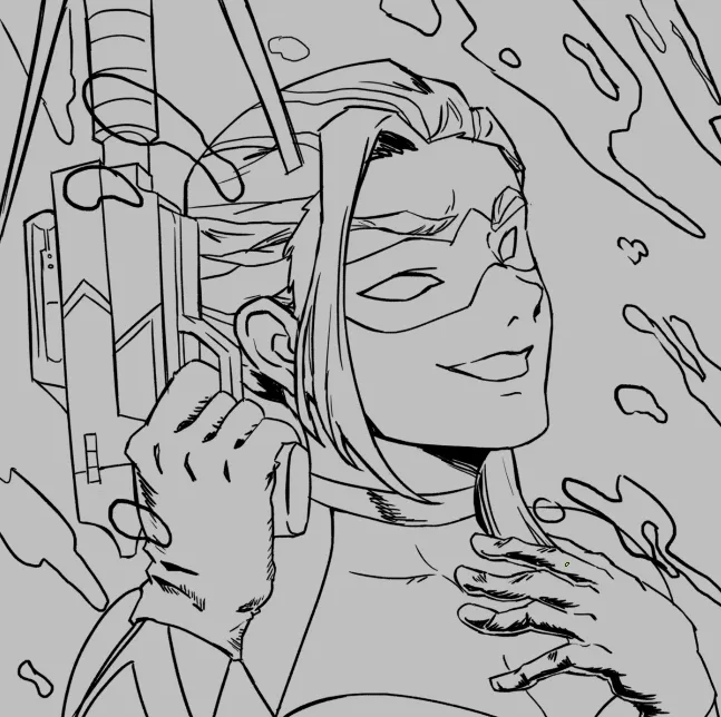 Lineart of a lady holding a gun and smiling, liquid flying.