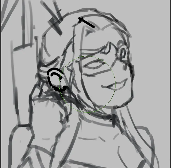Sketch of a lady holding a gun and smiling, liquid flying.