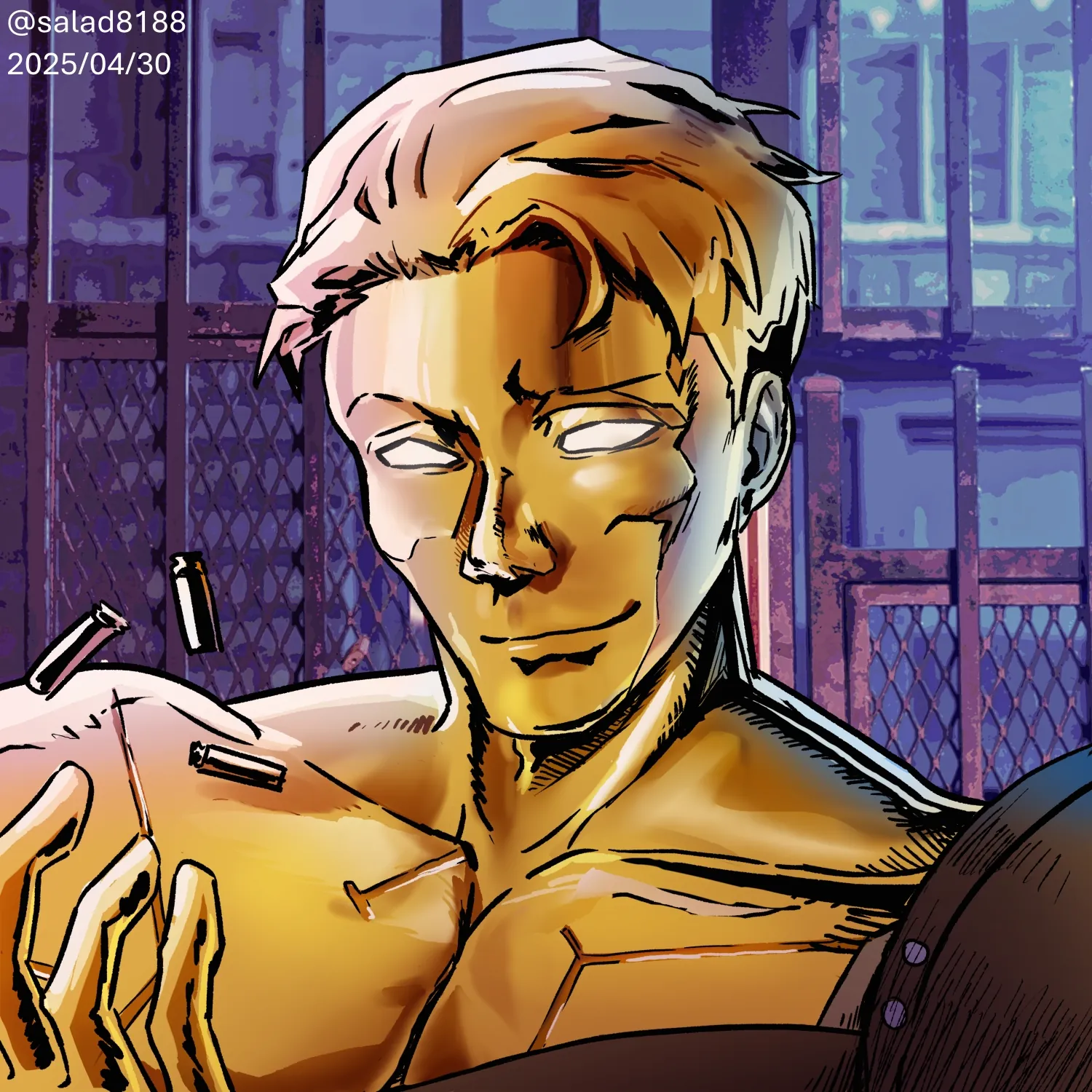 Illustration of a man with metallic skin juggling some bullets.