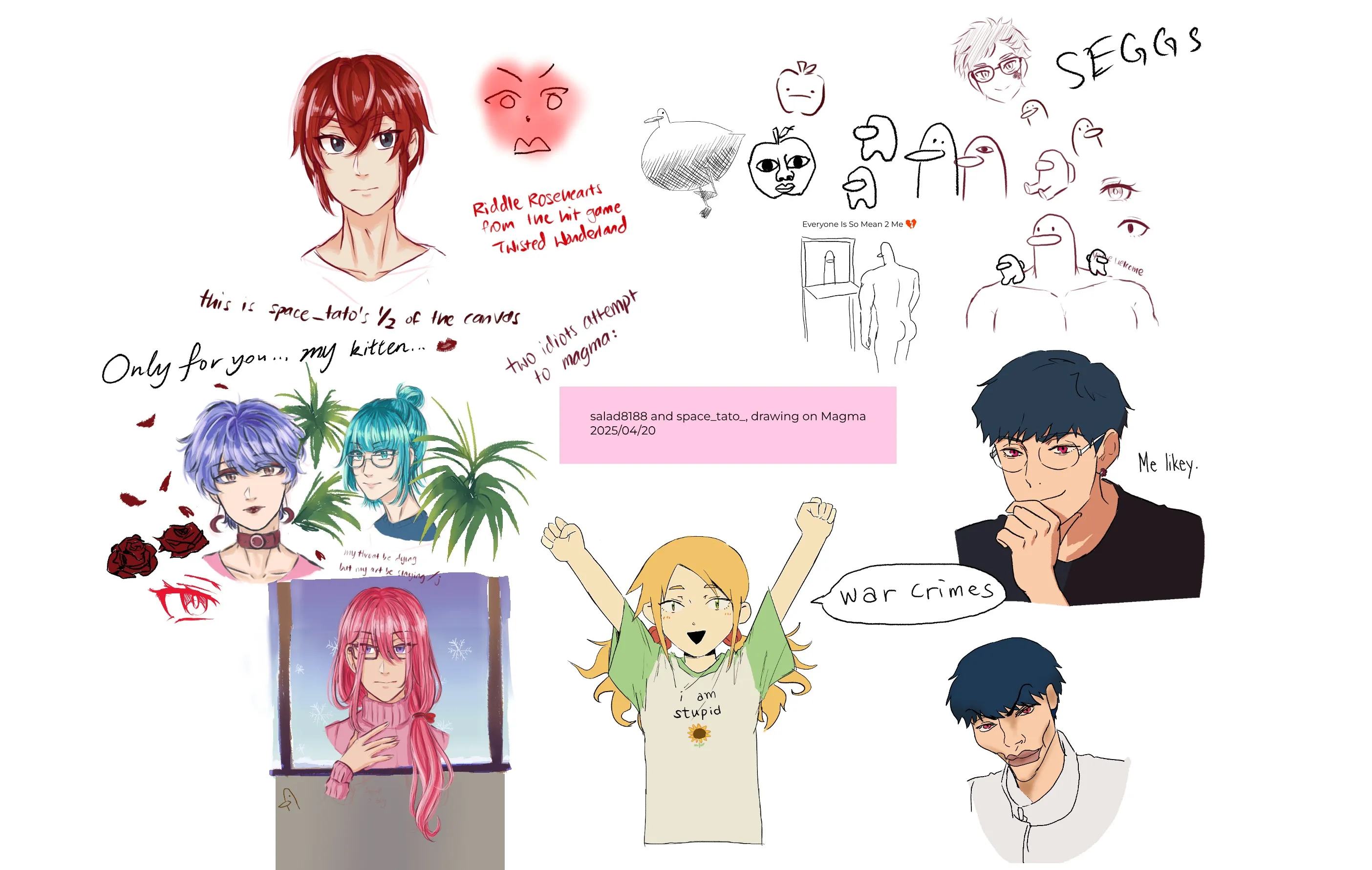 Sketches and illustrations of various characters.