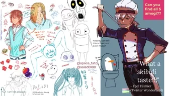 Sketches and illustrations of various characters.