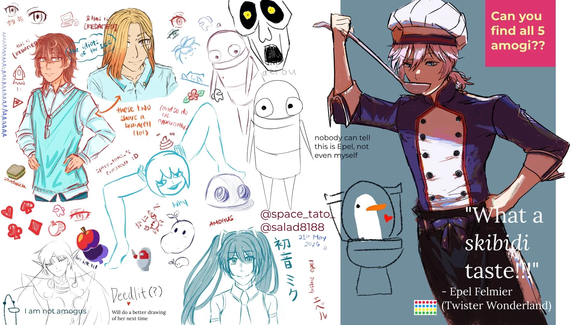 Sketches and illustrations of various characters.