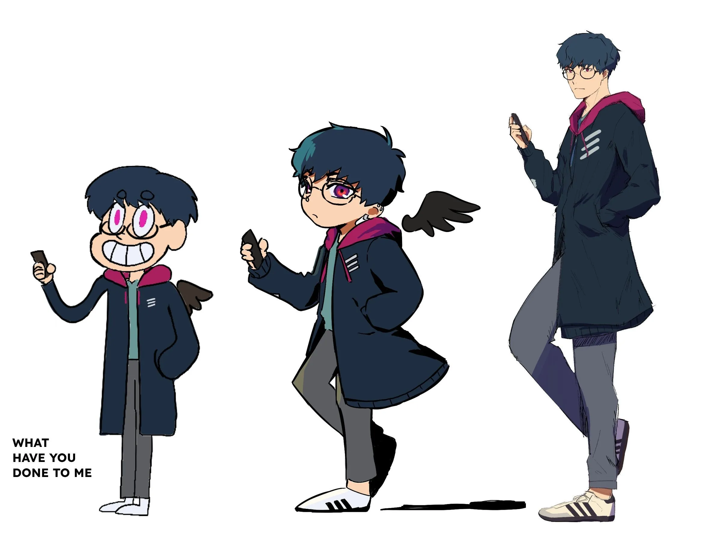 3 illustrations of the same character in different styles.