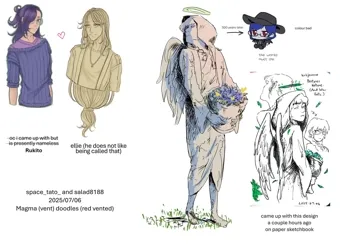 Sketches and illustrations of various characters.