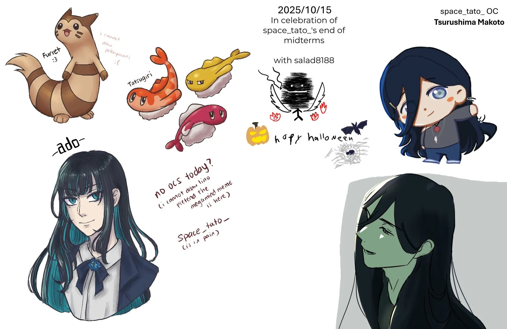 Sketches and illustrations of various characters.